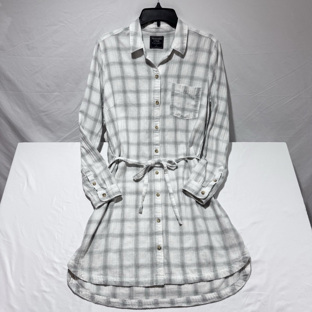 Abercrombie & Fitch Plaid Shirt Dress Light Grey/White Checkered Pattern Size L